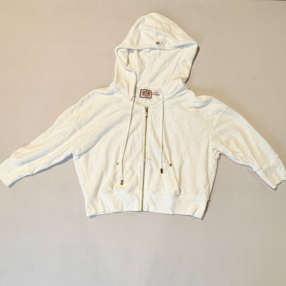 Womens Juicy Couture  White Terry Full Zip Hoodie 3/4 sleeve Y2K VTG